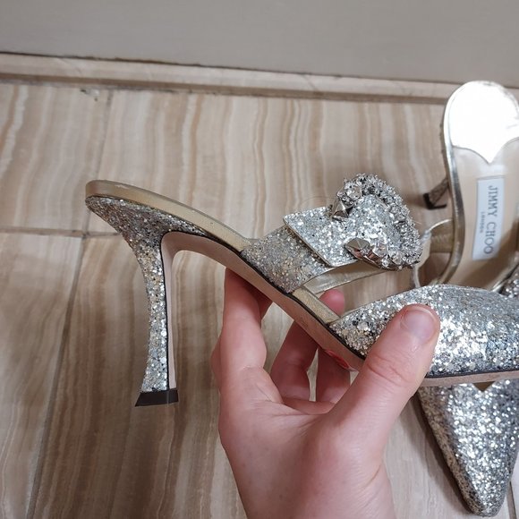 Jimmy Choo Silver Sparkle Glitter Wedding Crystal Buckle Marta Heel Mules - Picture 6 of 10
